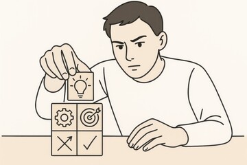 Focused young man stacking blocks representing concepts of ideas, goals, and success, symbolizing strategic planning and problem-solving in professional development.