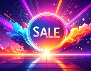 A vibrant digital artwork featuring a central circle with the word "SALE", surrounded by colorful rays and clouds. A brilliant light shines