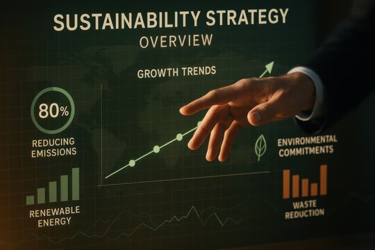 Business professional presenting sustainability strategy dashboard highlighting renewable energy growth, emission reduction progress, environmental commitments, waste reduction metrics.