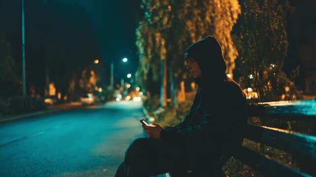 Solitary Contemplation: Silhouette of a person engrossed in a mobile phone, seated on a bench along an illuminated pathway at night. A moment of quiet reflection, underscored by the city's dim lights.