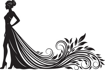 Silhouette of a woman in an elegant flowing gown with ornate floral swirls on a white background