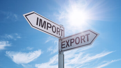 Trade routes symbolized by IMPORT and EXPORT signposts in the sky, emphasizing international business