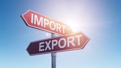 Import and export trade signs with two directions for global business concepts against a bright sky