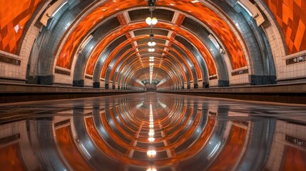 Symmetrical Underground Tunnel with Reflective Floor and Arched Design.