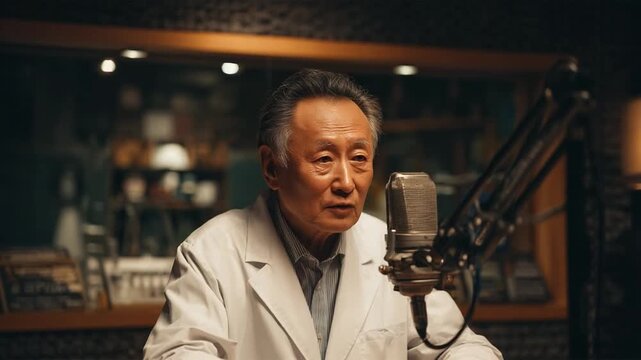 The Professor's Lecture: An experienced professor delivers a lecture in a recording studio, sharing his knowledge and expertise through a vintage microphone.