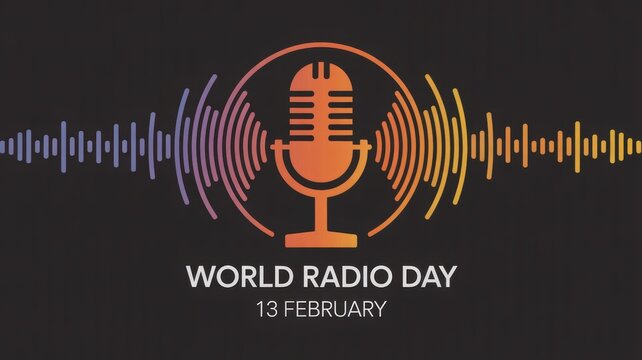 Illustration for world radio day with microphone and sound waves on a dark background design - Powered by Adobe