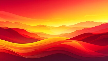 A vibrant abstract landscape features undulating layers of warm, fiery colors evoking a sense of heat and grandeur, with layered mountains in the background
