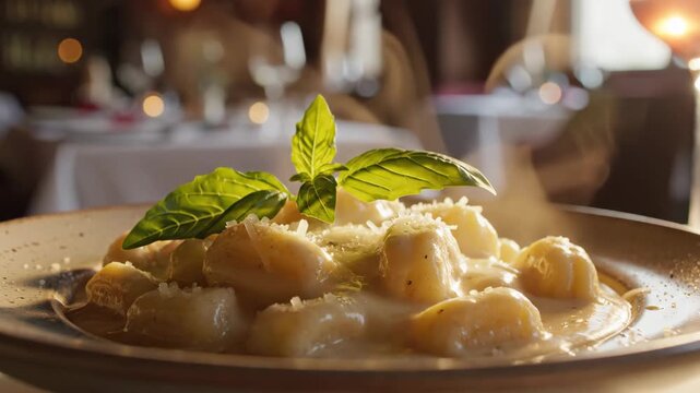 Creamy gnocchi dish with basil with restaurant setting.