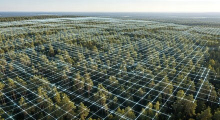 Digital grid overlaying a vast forest landscape from an aerial perspective.