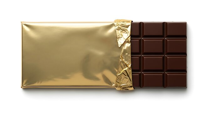 Dark chocolate bar partially unwrapped in gold foil packaging