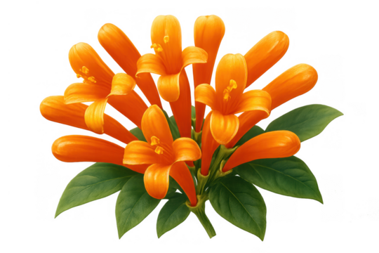 Pyrostegia venusta flowers clustered with green leaves, vibrant orange trumpet vine botanical illustration on transparent background