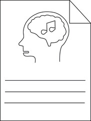 Line art of a profile head with a brain music note document and lines at the bottom