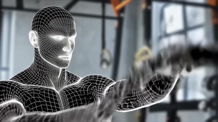Futuristic Grid Man Workout with Battle Ropes in Gym. - Powered by Adobe