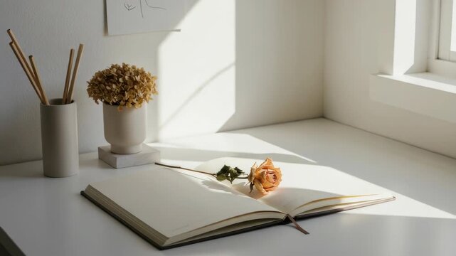 Open book with rose and decorative elements on a white surface