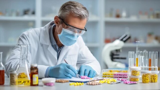 Scientist at Work in the Lab: A focused scientist, shielded in protective gear, meticulously documents research findings within a sterile laboratory.