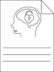 Outline of head  brain containing a heartshaped lock with three horizontal lines at the bottom and a curled corner