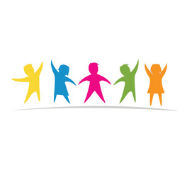 children, kids, people, diversity, celebration, joy, happiness, friendship, unity, group, colorful, figures, stick figures, abstract, vector, illustration, playful, energetic, arms raised, dancing, pl
