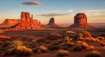 Golden sunset light illuminates the iconic red rock buttes of Monument Valley, Arizona.