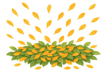 Green leaves forming a natural border with many golden yellow leaves falling and resting, seasonal nature illustration