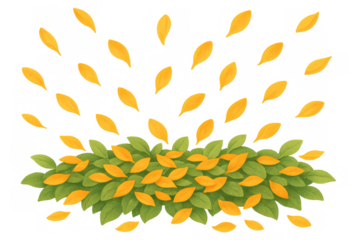 Green leaves forming a natural border with many golden yellow leaves falling and resting, seasonal nature illustration