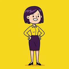 Confident businesswoman cartoon smiling in yellow shirt and purple skirt, standing against a yellow background.