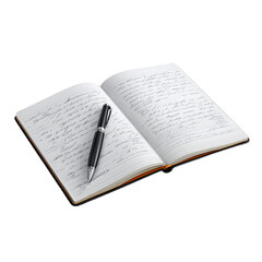 Open notebook with handwritten text and a pen resting on the pages.