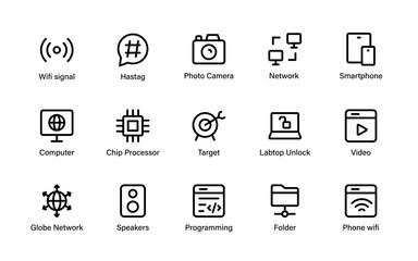 Computer Network and Technology icons. premium digital symbols focused on networks, cybersecurity, devices, communication, and data systems.
