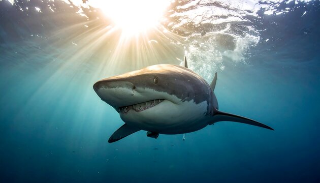 Large apex predator swimming near surface, illuminated by sunlight