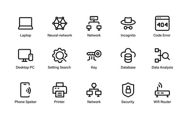 Fototapeta premium Computer Network and Technology icons. premium digital symbols focused on networks, cybersecurity, devices, communication, and data systems.