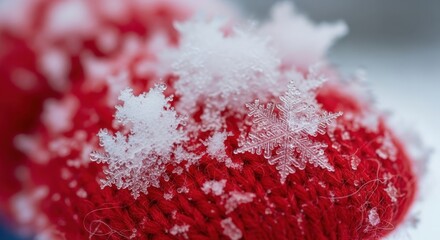Macro shot of delicate snowflakes resting on a vibrant red knitted mitten, capturing winters crisp beauty.