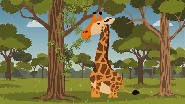 Cartoon Giraffe Standing in Forest with Trees and Blue Sky in Stylized Nature Scene