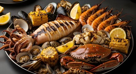 Luxury Grilled Seafood Platter: Shrimp, Crab, Grilled Calamari, and Mussels with Lemon Slices on a Dark Background