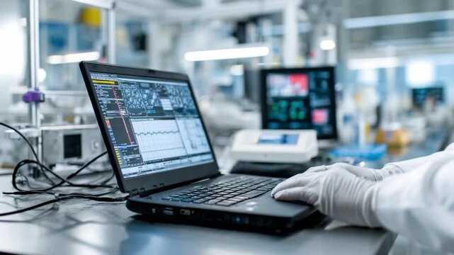 Scientific Research with Laptop: A scientist wearing gloves meticulously analyzes data on a laptop in a modern laboratory, surrounded by advanced scientific equipment.