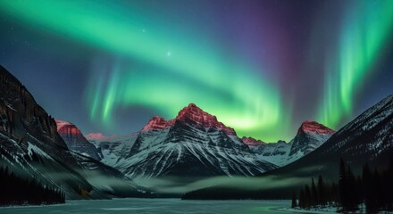 Majestic Aurora Borealis Dancing Above Snow-Capped Mountains and Reflective Lake.