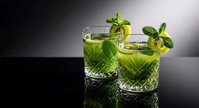 Two refreshing mint and lime cocktails garnished with fresh mint leaves and lime slices on a dark reflective surface.