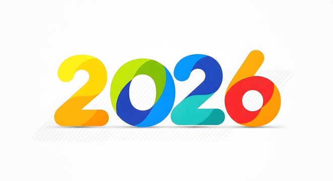Colorful graphic design of the year 2026 with overlapping numbers on a white background.