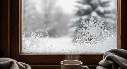Cozy Winter Morning - Steaming Coffee Cup on Frosted Window Pane with Snowflake Art and Snowy Landscape View.