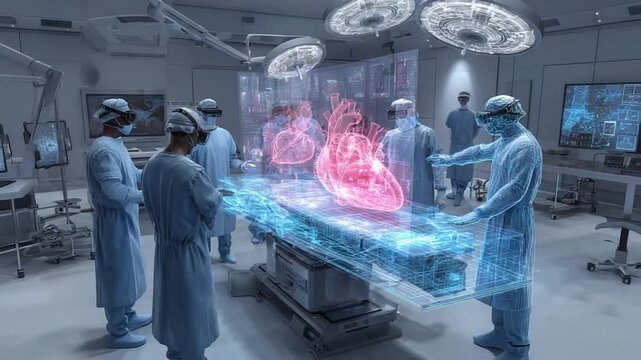 Surgery of the Future: An augmented reality of medical professionals collaborating around a patient on an operating table in an advanced surgical theater.