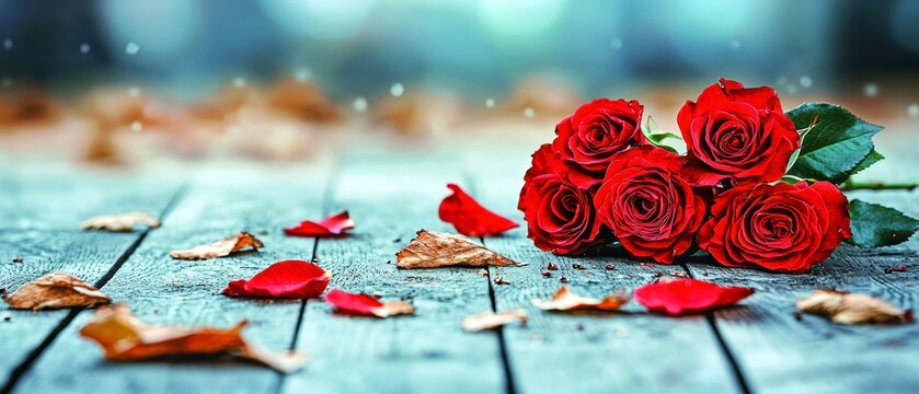 Romantic gesture fresh red roses on rustic wooden surface floral arrangement intimate setting close-up love concept