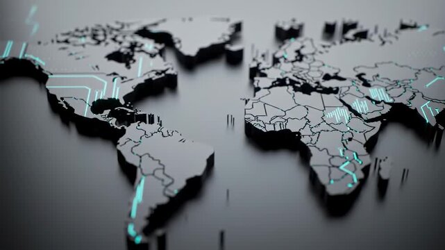 World map in grayscale with turquoise circuit lines, low depth of field, matte surface