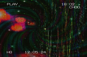LED Screen Glitch Texture With VHS Noise, Scanlines and Retro Analog Distortion. VHS Playback Glitch Background With Neon Noise and Screen Distortion.