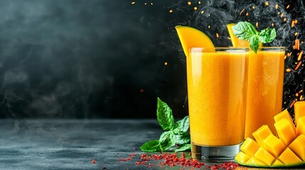 Refreshing mango smoothies kitchen drink photography modern setting close-up healthy lifestyle