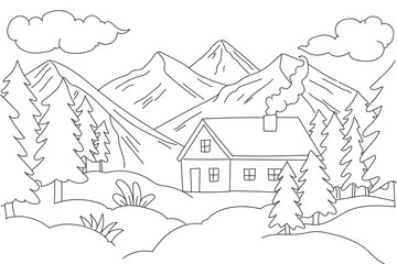 Cozy Mountain Cabin Surrounded by Pine Forest and Snowy Peaks Under Cloudy Sky. Coloring Page for kids and adult