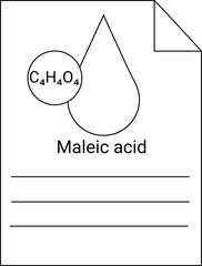 A science diagram shows maleic acid C4H4O4 next to a liquid drop on a sheet with lines and a folded corner