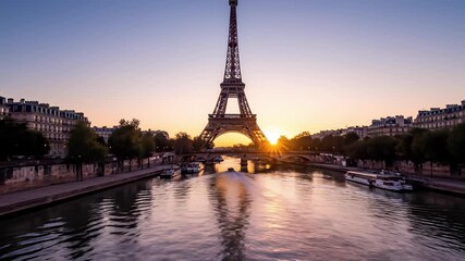 Eiffel Tower majestically rises on the horizon against a backdrop of the River Seine glowing softly in golden light at sunset, capturing the essence of romance and adventure perfect for.