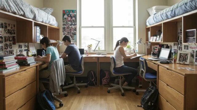 Students studying in a well lit dormitory room