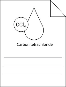 Page with Carbon tetrachloride text CCl4 circle teardrop graphic torn corner and three lines