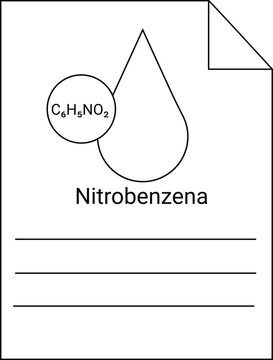 Nitrobenzene graphic on a lined page with a folded corner containing formula and compound name