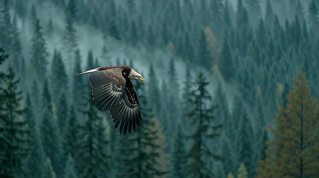 Majestic Eagle Flying Over Lush Forest Canopy in Scenic Aerial View