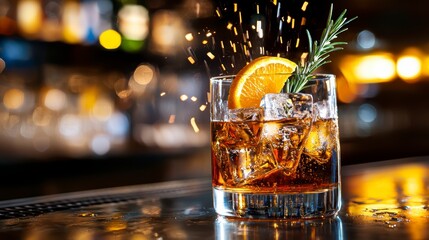 Refreshing cocktail splash bar setting beverage photography elegant atmosphere close-up perspective mixology artistry